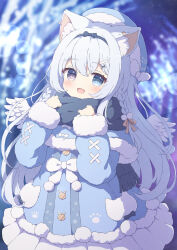 Rule 34 | 1girl, :3, animal ears, blue eyes, brown eyes, cat ears, coat, commission, hair ornament, hairclip, heterochromia, highres, long hair, long sleeves, open mouth, original, scarf, skeb commission, smile, tyomimas, white hair, winter clothes, winter coat