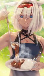 Rule 34 | 1girl, akio (akio1124), animal ears, apron, bare shoulders, bikini, black bikini, blue apron, blue eyes, body markings, breasts, caenis (fate), caenis (swimsuit rider) (fate), cleavage, collarbone, curry, curry rice, fate/grand order, fate (series), food, goggles, hair between eyes, hairband, highres, ladle, large breasts, long hair, looking at viewer, plate, rice, solo, swimsuit, very long hair, white hair