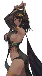 Rule 34 | 1girl, absurdres, arms up, black hair, black panties, breasts, closed mouth, dark skin, dark-skinned female, egyptian, egyptian clothes, green eyes, highres, large breasts, looking at viewer, original, panties, rk, short hair, simple background, smile, solo, underwear, white background