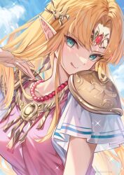 Rule 34 | 1girl, :q, armor, bead necklace, beads, blonde hair, blue eyes, circlet, earrings, elf, gem, highres, jewelry, long hair, looking at viewer, necklace, nintendo, parted bangs, pink shirt, pointy ears, princess zelda, red gemstone, shirt, short sleeves, shoulder armor, shuri (84k), solo, the legend of zelda, the legend of zelda: a link between worlds, tongue, tongue out, upper body
