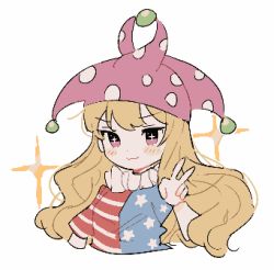 Rule 34 | + +, 1girl, american flag shirt, bad id, bad twitter id, black eyes, blonde hair, blue shirt, blue sleeves, blush, breasts, closed mouth, clownpiece, hand up, hat, jester cap, long hair, looking at viewer, medium breasts, multicolored clothes, multicolored shirt, neck ruff, pink eyes, pink hat, polka dot, rbfnrbf (mandarin), red shirt, red sleeves, shirt, short sleeves, simple background, smile, solo, star (symbol), star print, striped clothes, striped shirt, touhou, upper body, v, wavy hair, white background, white shirt, white sleeves