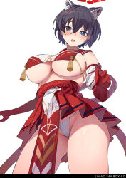Rule 34 | 1girl, animal ears, artist name, black hair, blue archive, blue eyes, breasts, commentary request, detached sleeves, elbow gloves, fundoshi, gloves, japanese clothes, large breasts, looking at viewer, open mouth, red gloves, red sailor collar, red shirt, red skirt, sailor collar, shirt, short hair, simao (x x36131422), simple background, skirt, solo, thighs, tsubaki (blue archive), two-tone shirt, underboob, white background, white shirt