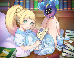 Rule 34 | 1girl, aghost (a841119), blonde hair, blunt bangs, book, braid, closed mouth, commentary request, cosmog, creatures (company), crossed legs, cushion, eyelashes, from side, game freak, gen 7 pokemon, green eyes, highres, legendary pokemon, lillie (pokemon), long hair, nintendo, pokemon, pokemon (creature), pokemon sm, ponytail, shirt, shoes, short sleeves, skirt, socks