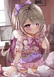 Rule 34 | 1girl, absurdres, bed, bedroom, belt, blush, brown hair, clothes pull, hand on breast, heart, heart-shaped pupils, highres, hinata cocomi, indie virtual youtuber, indoors, kneeling, leaning forward, long hair, looking at viewer, miniskirt, monitor, no panties, pillow, pink eyes, pink shirt, pink skirt, ponytail, purple skirt, pussy, ribbon, grabbing own breast, shirt, short sleeves, skirt, skirt pull, solo, stuffed animal, stuffed toy, symbol-shaped pupils, teddy bear, touhoureporter, two-tone skirt, virtual youtuber