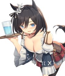Rule 34 | animal ears, bent over, black hair, blue eyes, blush, breasts, cleavage, collarbone, commentary request, detached sleeves, eishin flash (umamusume), glass bottle, hair between eyes, horse ears, horse girl, kildir, looking at viewer, medium breasts, medium hair, open mouth, solo, tray, umamusume, water, white background