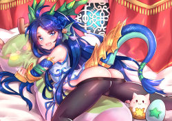 Rule 34 | 1girl, ass, black pantyhose, blue eyes, blush, breasts, cameltoe, china dress, chinese clothes, clothes pull, dragon girl, dragon horns, dragon tail, dress, fins, head fins, highres, horns, karin (p&amp;d), long hair, looking at viewer, open mouth, pantyhose, pantyhose pull, puzzle &amp; dragons, shennai misha, sideboob, smile, solo, tail, tamadra