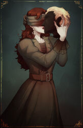 Rule 34 | 1girl, absurdres, belt, blindfold, blonde hair, blood, blood on clothes, brown belt, brown dress, brown hair, dead by daylight, dress, grey background, highres, holding head, lipstick, long hair, long sleeves, makeup, solo, standing, the nurse (dead by daylight), vicar friedrich