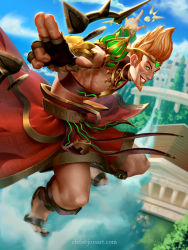 Rule 34 | 1boy, abs, alternate costume, apollo (smite), beard, blonde hair, chris bjors, circlet, facial hair, fingerless gloves, gloves, green eyes, jewelry, male focus, necklace, official art, sandals, topless male, sky, smite, solo, teeth, tree