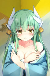 Rule 34 | 1girl, animal print, bare shoulders, bird print, blue kimono, blush, breasts, cleavage, closed mouth, collarbone, covering privates, covering breasts, dragon horns, fate/grand order, fate (series), fuji kakei, green hair, hair ornament, horns, japanese clothes, kimono, kiyohime (fate), long hair, long sleeves, looking at viewer, shade, smile, solo, upper body, wide sleeves, yellow eyes
