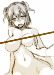 Rule 34 | 1girl, blush, grabbing another&#039;s breast, breasts, censored, collarbone, female focus, grabbing, hip focus, large breasts, monochrome, navel, nogi yasuhito, onozuka komachi, open mouth, out-of-frame censoring, short hair, short twintails, sketch, solo focus, touhou, twintails, two side up, wide hips