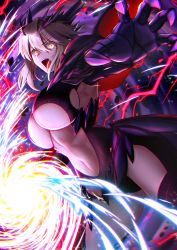 Rule 34 | 1girl, absurdres, artoria pendragon (fate), artoria pendragon (lancer alter) (fate), black bodysuit, blonde hair, bodysuit, braid, breasts, cape, center opening, dark rhongomyniad, fate/grand order, fate (series), french braid, hair between eyes, highres, hisato nago, horns, lance, large breasts, long hair, looking at viewer, navel, open mouth, polearm, revealing clothes, ribbed bodysuit, sidelocks, solo, thighs, underboob, weapon, yellow eyes