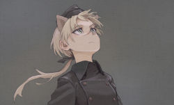 Rule 34 | 1girl, black ribbon, blonde hair, expressionless, green eyes, grey background, hanna rudel, highres, looking up, muted color, ponytail, ribbon, scar, scar on face, scar on nose, shiratama (hockey), solo, strike witches: suomus misfits squadron, upper body, world witches series