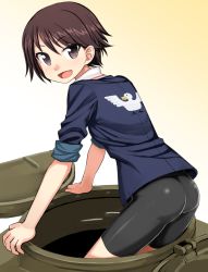 Rule 34 | 10s, 1girl, :d, arm support, ass, bike shorts, bird, blush, breasts, brown eyes, brown hair, duck, emblem, from behind, girls und panzer, gradient background, isobe noriko, jacket, kumadano, leaning forward, long sleeves, looking at viewer, looking back, military, military uniform, military vehicle, motor vehicle, open mouth, pantylines, short hair, sitting, sleeves rolled up, small breasts, smile, solo, tank, type 89 i-gou, uniform, vehicle
