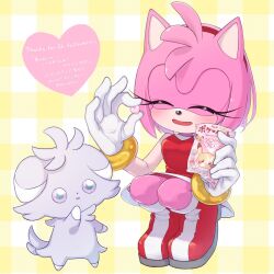 1girl amy_rose animal_ears animal_nose bad_tag bag bent_over blush boots bracelet breasts candy creatures_(company) dress food fur furry furry_female game_freak gen_1_pokemon gloves hairband heart hedgehog highres holding jewelry knees konjiki_ringo legs looking_at_viewer nintendo open_mouth pikachu pink_fur pink_hair pokemon red_dress red_footwear red_hairband sa_ssssa sega shoes smile solo sonic_(series) squatting white_gloves