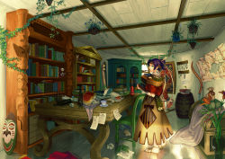 Rule 34 | absurdres, androgynous, asuteka, bad id, bad pixiv id, barrel, book, book stack, bookshelf, bottle, carrying, chair, crumpled paper, cup, earrings, feather earrings, feathers, flower, full body, gender request, green eyes, hair ornament, hanging plant, harp, headband, highres, instrument, jewelry, kiseru, lantern, light, multiple bottles, note, original, paper, pen, smoking pipe, plant, plate, purple hair, sandals, scroll, smoke, solo, tape, teacup, window, wine bottle