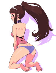 Rule 34 | 10s, 1girl, ass, back, bare back, barefoot, brown eyes, brown hair, character request, comcept, daga, dimples of venus, long hair, looking back, panties, ponytail, red ash, simple background, underwear
