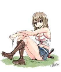 Rule 34 | 1girl, artist name, ass, bare shoulders, boots, breasts, brown eyes, brown hair, cleavage, crop top, elie, female focus, grass, hair between eyes, holding, holding jewelry, holding necklace, jewelry, large breasts, legs, looking at viewer, mashima hiro, microskirt, midriff, necklace, official art, rave, short hair, side slit, signature, simple background, sitting, skirt, sleeveless, smile, solo, tank top, teeth, thighs, upskirt, watermark, white background