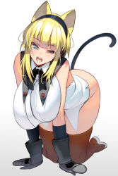 Rule 34 | 1girl, absurdres, animal ears, blonde hair, boots, breasts, cat ears, cat tail, gloves, hanging breasts, headphones, highres, kouno (masao), large breasts, one eye closed, open mouth, original, short hair, solo, tail, thigh boots, thighhighs, white background