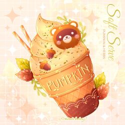 Rule 34 | acorn, artist name, autumn, autumn leaves, blush stickers, chocomiruki, commentary, dessert, english text, food, food focus, grid background, ice cream, ice cream cone, leaf, no humans, original, pumpkin, raccoon, soft serve, spice, still life, symbol-only commentary, wafer stick