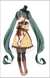 Rule 34 | 1girl, belt, boots, full body, gloves, green eyes, green hair, hair ribbon, harusawa, hat, hatsune miku, knee boots, long hair, matching hair/eyes, mini hat, mini top hat, pantyhose, ribbon, simple background, solo, top hat, twintails, very long hair, vocaloid, white background