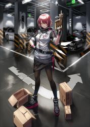 Rule 34 | 1girl, arknights, belt, black belt, black footwear, black gloves, black pantyhose, black skirt, blush, box, brown eyes, car, cardboard box, commentary, exusiai (arknights), fingerless gloves, full body, gloves, gun, hair over one eye, halo, hand up, high collar, holding, holding gun, holding weapon, indoors, jacket, looking at viewer, miniskirt, motor vehicle, pantyhose, parking garage, parted lips, pouch, raglan sleeves, red hair, shoes, short hair, short sleeves, silence girl, skirt, smile, sneakers, solo, standing, weapon, white jacket