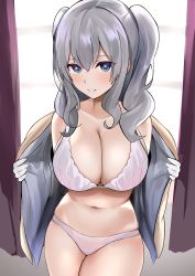Rule 34 | 1girl, absurdres, blush, bra, breasts, cleavage, curtains, enishi96, gloves, hair between eyes, highres, jacket, kantai collection, kashima (kancolle), large breasts, long hair, looking at viewer, open clothes, open jacket, panties, parted lips, sidelocks, solo, twintails, underwear, wavy eyes, white bra, white gloves, white panties, window