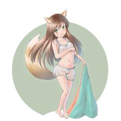 Rule 34 | 1girl, animal ears, bad id, bad pixiv id, bloomers, blush, bra, breasts, brown hair, fang, fox ears, fox tail, green background, green eyes, highres, looking at viewer, navel, niceandcool, open mouth, simple background, small breasts, solo, tail, tatsumi kon, two-tone background, underwear, underwear only, urara meirochou, white background, white bloomers, white bra