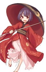 Rule 34 | 1girl, :d, black hair, bob cut, bowl, bowl hat, hat, highres, holding, japanese clothes, kimono, long sleeves, looking at viewer, needle, obi, oborofu, open mouth, red eyes, red kimono, sash, simple background, smile, solo, sukuna shinmyoumaru, touhou, white background, wide sleeves