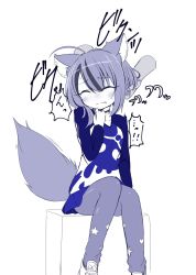 Rule 34 | 1girl, ^ ^, animal ears, chaakusu, closed eyes, closed mouth, commentary request, disembodied hand, ear piercing, earrings, closed eyes, fennery (show by rock!!), fox ears, fox tail, full body, headpat, highres, holding another&#039;s hair, jewelry, long sleeves, monochrome, multicolored hair, pantyhose, piercing, pleated skirt, saliva, shirt, short hair, show by rock!!, simple background, single earring, sitting, skirt, skull print, solo focus, streaked hair, tail, tears, twitching, two-tone hair, uncommon stimulation, white background