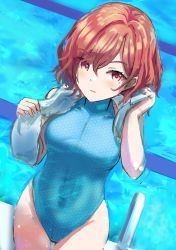 1girl absurdres blue_one-piece_swimsuit brown_hair commentary_request competition_swimsuit cowboy_shot from_above highleg highleg_one-piece_swimsuit highres higuchi_madoka idolmaster idolmaster_shiny_colors looking_at_viewer mole mole_under_eye one-piece_swimsuit pool red_eyes sanami_(sanami_t_38) short_hair solo standing swimsuit towel towel_around_neck turtleneck water wavy_hair