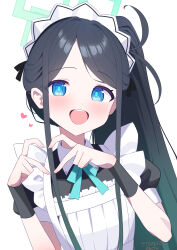 Rule 34 | 1girl, absurdly long hair, absurdres, aris (blue archive), aris (maid) (blue archive), black dress, black hair, blue archive, blue eyes, blush, dandan (uaee4742), dated, dress, fingernails, green halo, halo, heart, highres, long hair, looking at viewer, maid, maid headdress, official alternate costume, official alternate hairstyle, open mouth, puffy short sleeves, puffy sleeves, ringed eyes, short sleeves, simple background, smile, solo, teeth, twitter username, upper body, upper teeth only, very long hair, white background