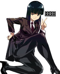 Rule 34 | 1girl, black hair, blunt bangs, breasts, brown eyes, commentary request, grey jacket, grey skirt, hand on own hip, jacket, kamisimo 90, long hair, looking at viewer, medium breasts, military uniform, necktie, original, pantyhose, pleated skirt, pointing, seven-segment display, shirt, skirt, smile, squatting, thighs, tights girl (kamisimo 90), underwear, uniform, white shirt