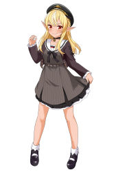 Rule 34 | 1girl, absurdres, beret, black choker, black hat, blonde hair, brown jacket, choker, closed mouth, cropped jacket, dark-skinned female, dark skin, dress, elf, felutiahime, full body, hat, highres, hololive, jacket, jewelry, long hair, looking at viewer, mary janes, multicolored hair, pendant, pinstripe dress, pinstripe pattern, pointy ears, red eyes, sailor collar, sailor dress, shiranui flare, shiranui flare (street), shoes, short dress, simple background, skirt hold, smile, solo, streaked hair, striped, virtual youtuber, white background