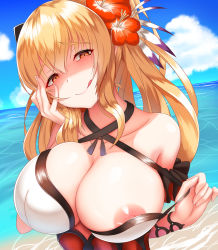 Rule 34 | 1girl, bare shoulders, beach, blonde hair, blush, bow, breasts, cleavage, clothes tug, day, dress, flower, granblue fantasy, hair between eyes, hair bow, hair ornament, hand on own face, head tilt, hibiscus, highres, lactation, large breasts, long hair, looking at viewer, nekoda (maoda), nipple slip, nipples, ocean, open mouth, outdoors, ponytail, red eyes, ribbon, shaded face, sidelocks, skindentation, smile, solo, swimsuit, vira (granblue fantasy)