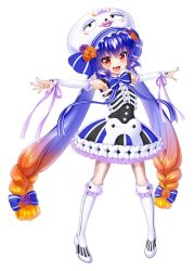 Rule 34 | 1girl, artist request, black dress, blue hair, blush, boots, bow, braid, commentary, detached sleeves, dress, eel hat, eyeshadow, fang, flower, frilled dress, frills, full body, hair bow, hair flower, hair ornament, half-closed eyes, halloween costume, hat, highres, knee boots, light blush, lipstick, long hair, looking at viewer, low-braided long hair, low-tied long hair, makeup, nail polish, official art, open mouth, orange flower, orange hair, orange rose, otomachi una, outstretched arms, pink nails, purple flower, purple rose, red eyes, ribbon, rose, skeleton costume, skin fang, smile, solo, standing, very long hair, vocaloid, white background, white footwear, white sleeves, wrist ribbon