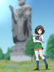 Rule 34 | 1girl, akiyama yukari, artist name, black neckerchief, blouse, blue sky, blue socks, blurry, blurry background, brown eyes, brown footwear, brown hair, clear sky, closed mouth, commentary, dated, depth of field, girls und panzer, grass, green skirt, heel up, highres, loafers, long sleeves, looking at viewer, messy hair, midriff, miniskirt, naotosi, navel, neckerchief, ok sign, ooarai school uniform, outdoors, pleated skirt, sailor collar, school uniform, serafuku, shirt, shoes, short hair, skirt, sky, smile, socks, solo, standing, statue, tree, white sailor collar, white shirt