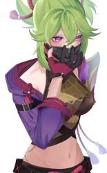 Rule 34 | 1girl, absurdres, bare shoulders, black mask, blush, breasts, cleavage, fishnets, genshin impact, gloves, green hair, half-closed eyes, hand on mask, highres, jacket, kuki shinobu, long sleeves, looking away, mask, midriff, mouth mask, navel, nightowl snr, ninja, ninja mask, purple eyes, purple jacket, shorts, shy, simple background, solo, white background