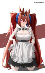 Rule 34 | 1girl, absurdres, alternate costume, animal ears, baozouyeguai, breasts, cleavage, closed mouth, clothes lift, commentary request, daiwa scarlet (umamusume), dress, dress lift, elbow gloves, enmaided, fang, frilled dress, frills, gloves, hair between eyes, hair ornament, highres, horse ears, horse girl, kneeling, large breasts, lifting own clothes, long hair, looking at viewer, maid, on ground, pantyhose, red background, red eyes, simple background, skin fang, solo, twintails, twitter username, two-tone background, umamusume, very long hair, white background, white gloves, white pantyhose