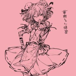 Rule 34 | 1girl, bandages, bun cover, chinese clothes, double bun, egawa satsuki, flower, ibaraki kasen, monochrome, one eye closed, pointing, pointing at viewer, rose, short hair, solo, tabard, touhou, translation request