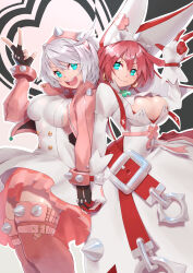 Rule 34 | 2girls, :3, ahoge, bracelet, breasts, clothing cutout, collar, dress, dual persona, elphelt valentine, fingerless gloves, gloves, grey hair, guilty gear, guilty gear strive, guilty gear xrd, hairband, highres, holding hands, huge ahoge, jacket, jewelry, large breasts, multiple girls, open mouth, pink hair, pink hairband, pink jacket, short hair, shoulder-to-shoulder, smile, spiked bracelet, spiked collar, spiked hairband, spiked jacket, spikes, strail cycleman, teeth, thighhighs, upper teeth only, v, white dress