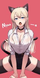 Rule 34 | 1girl, animal ears, blue eyes, blush, breasts, candy, choker, collared shirt, ddangbi, fake animal ears, food, hair between eyes, highres, large breasts, long hair, long sleeves, looking at viewer, office lady, open mouth, original, pencil skirt, saliva, shirt, side slit, skirt, solo, tail, thighhighs, white shirt, zettai ryouiki