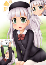 Rule 34 | 1girl, ^^^, anchor hair ornament, beret, black hat, commentary request, grass, green eyes, hair ornament, hat, kantai collection, long hair, looking at viewer, maestrale (kancolle), multiple views, one side up, open mouth, ouno (nounai disintegration), pantyhose, school uniform, silver hair, sitting, smile, split mouth, tan, wariza, white pantyhose
