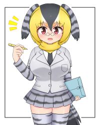 Rule 34 | 1girl, bird girl, bird tail, bird wings, black hair, black necktie, blonde hair, breasts, campo flicker (kemono friends), envelope, glasses, head wings, highres, holding, holding envelope, kemono friends, large breasts, long sleeves, looking at viewer, manila envelope, multicolored hair, necktie, open mouth, pince-nez, shirt, short hair, simple background, skirt, solo, tail, thighhighs, white hair, wings, zettai ryouiki, zn (doakes00)