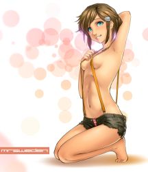 Rule 34 | 1girl, 4chan, aqua eyes, arm up, armpits, artist name, barefoot, blush, breasts, brown hair, commentary, covered erect nipples, cutoffs, full body, grin, hair ornament, hairclip, kneeling, lips, mleth, navel, no shirt, open fly, original, panties, pink panties, short hair, short shorts, shorts, sideboob, small breasts, smile, solo, strap gap, striped clothes, striped panties, suspenders, toes, topless, troll face, underwear, unzipped
