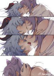 2girls ahoge blue_hair blush closed_eyes commentary cone_hair_bun double_bun drooling ear_blush french_kiss ganyu_(genshin_impact) genshin_impact hair_bun hand_on_another&#039;s_neck highres horns keqing_(genshin_impact) kiss multiple_girls purple_eyes purple_hair saliva symbol-only_commentary tapeanna tongue twitter_username yuri