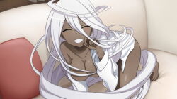 Rule 34 | 1girl, absurdly long hair, ahoge, artist request, blush, breasts, closed eyes, couch, dark-skinned female, dark skin, doppel (monster musume), game cg, hair censor, long hair, medium breasts, monster musume no iru nichijou, monster musume no iru nichijou online, naked shirt, official art, on couch, prehensile hair, shirt, solo, very long hair, white shirt