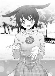 Rule 34 | 1girl, :d, alternate costume, blush, casual, chopsticks, commentary request, fate/grand order, fate (series), food, greyscale, hair between eyes, head tilt, head wings, holding, holding chopsticks, long sleeves, looking at viewer, monochrome, open mouth, ortlinde (fate), outstretched hand, plaid, plaid skirt, religious offering, short hair, skirt, smile, solo, tree, valkyrie (fate), wings, yamoge