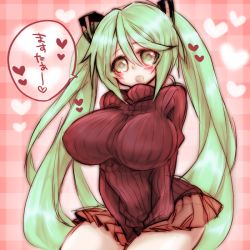 Rule 34 | 1girl, bad id, bad pixiv id, blush, breasts, green eyes, green hair, hatsune miku, heart, hideo (green hand), huge breasts, long hair, matching hair/eyes, open mouth, ribbed sweater, solo, sweater, twintails, very long hair, vocaloid