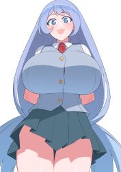 Rule 34 | 1girl, :d, akitokage, arms behind back, blue eyes, blue hair, blush, boku no hero academia, breasts, collared shirt, commentary request, cowboy shot, from below, hadou nejire, highres, huge breasts, light blue hair, long hair, looking at viewer, miniskirt, necktie, open mouth, pleated skirt, red necktie, school uniform, shirt, simple background, skirt, smile, solo, teeth, thick thighs, thigh gap, thighs, u.a. school uniform, upper teeth only, very long hair, white background