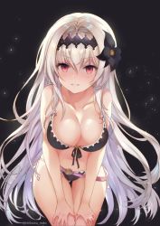 Rule 34 | 1girl, bent over, bikini, black background, black bikini, black flower, black hairband, black ribbon, blonde hair, blush, breasts, cleavage, collarbone, cowboy shot, dark jeanne, flower, front-tie bikini top, front-tie top, gluteal fold, gradient hair, granblue fantasy, hair flower, hair ornament, hairband, hands on own thighs, jeanne d&#039;arc (granblue fantasy), large breasts, long hair, looking at viewer, multicolored hair, narusegawa riko, navel, nose blush, parted lips, red eyes, ribbon, shiny skin, side-tie bikini bottom, silver hair, simple background, smile, solo, standing, swimsuit, thigh gap, thighs, twintails, very long hair, white ribbon